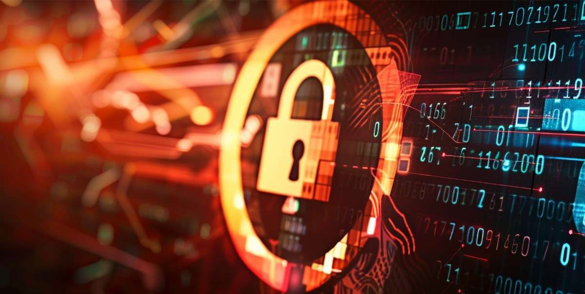 A digital padlock icon overlaid on a background of numbers and circuitry, symbolizing cybersecurity.